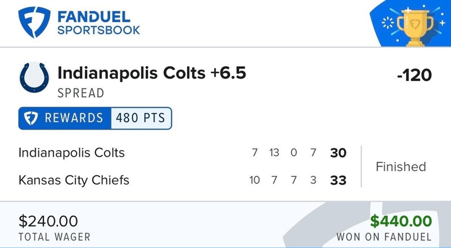 Colts +6.5 winning bet slip
