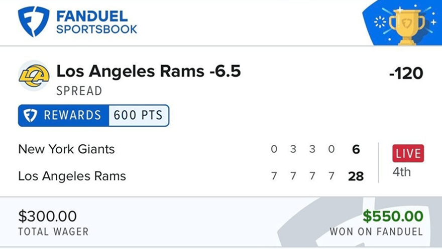 Rams -6.5 winning bet slip